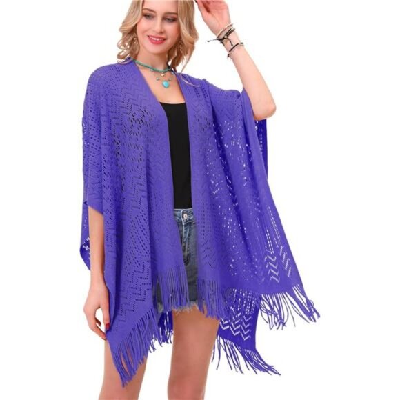 Knit Shawl Wrap - Fringe Poncho Cardigan Cape Purple - Picture 1 of 7